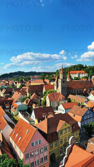 Aerial view of Feuchtwangen with a view of the historic centre of the old town. Feuchtwangen