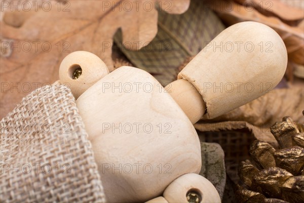 Wooden dolls posing amid autumn background