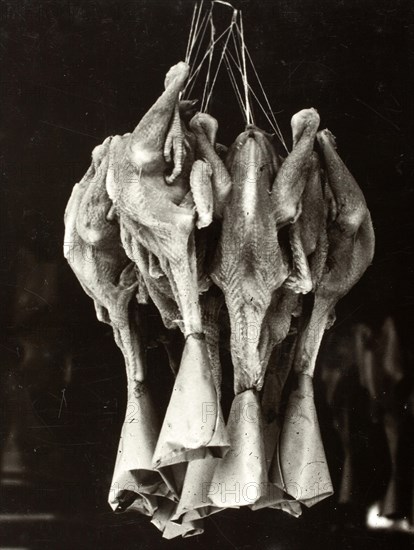 Slaughtered ducks hanging in a Chinese restaurant in New York