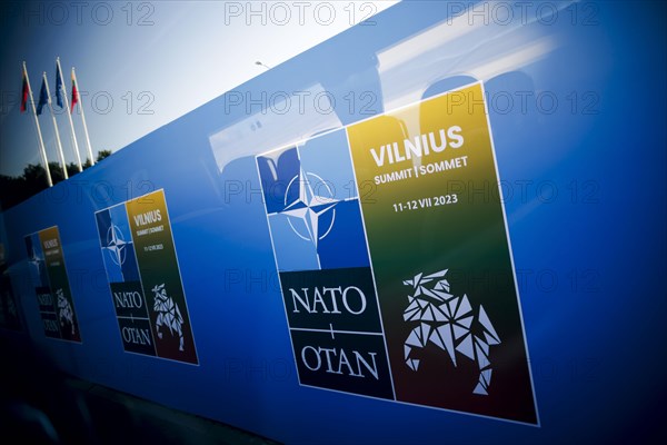 NATO logo at the NATO summit in Vilnius