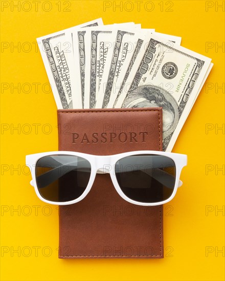 Top view passport sunglasses