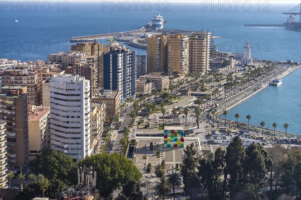 Skyscrapers and harbour promenade Muelle Uno with the Pompidou Museum seen from above