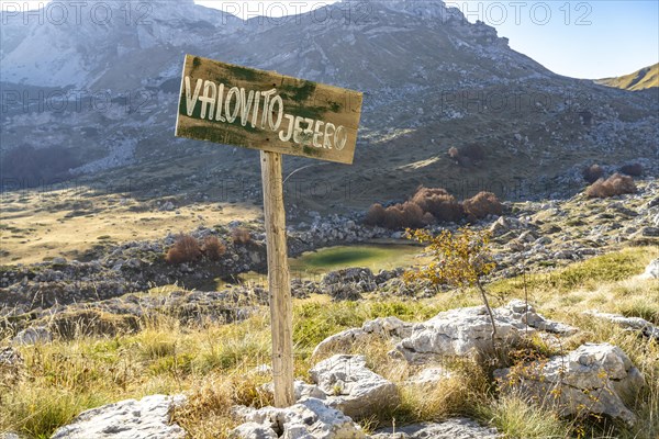 Sign at the mountain lake Valovito Jezero