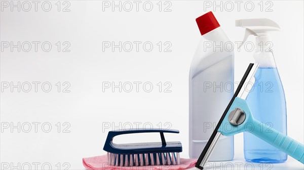 Arrangement with cleaning products white background