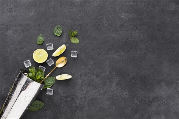 Top view cocktail essentials with mint shaker
