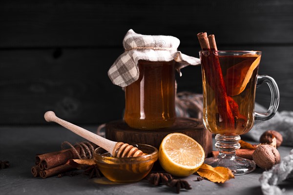 Tea honey black background