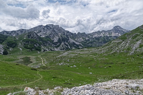 Mountain and rocky landscape around the Durmitor massif and the Dinarides mountain group. The Durmitor National Park surrounding the massif is a UNESCO World Heritage Site. Zabljak