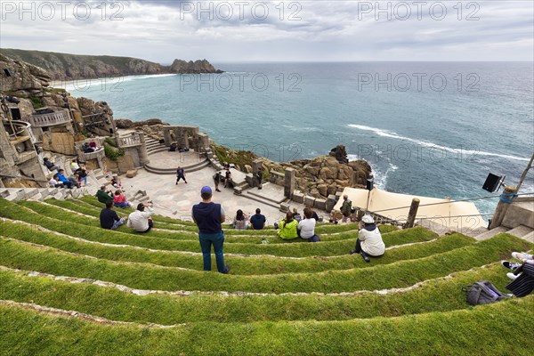 Grass-covered audience seats at The Minack Theatre