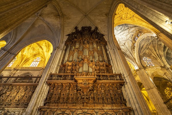 Church organ in the interior of the Cathedral of Santa Maria de la Sede in Seville