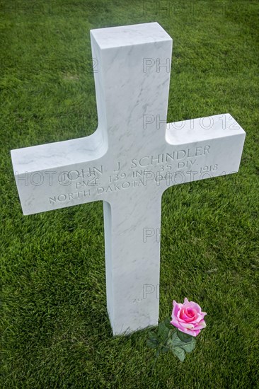 Rose at grave of First World War One soldier at the Meuse-Argonne American Cemetery and Memorial