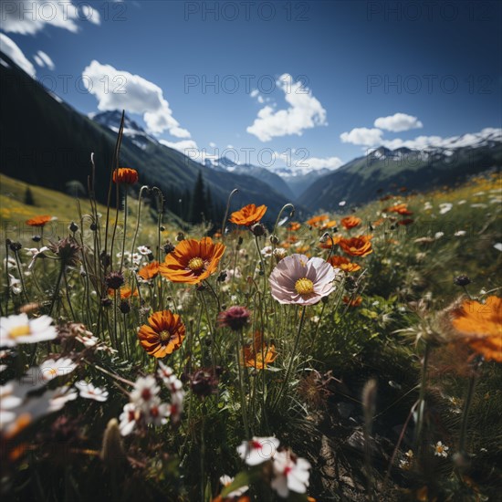 Mountain landscape with a green meadow and lots of flowers
