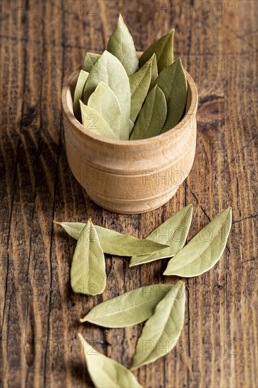 High angle bay leaves bowl
