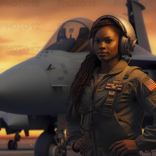 Proud young pilot stands in front of her F 14 fighter plane