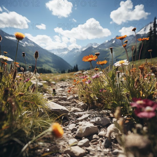 Mountain landscape with a green meadow and lots of flowers