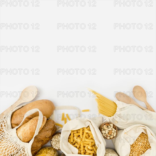 Flat lay bread reusable bag with bulk pasta