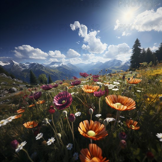 Mountain landscape with a green meadow and lots of flowers