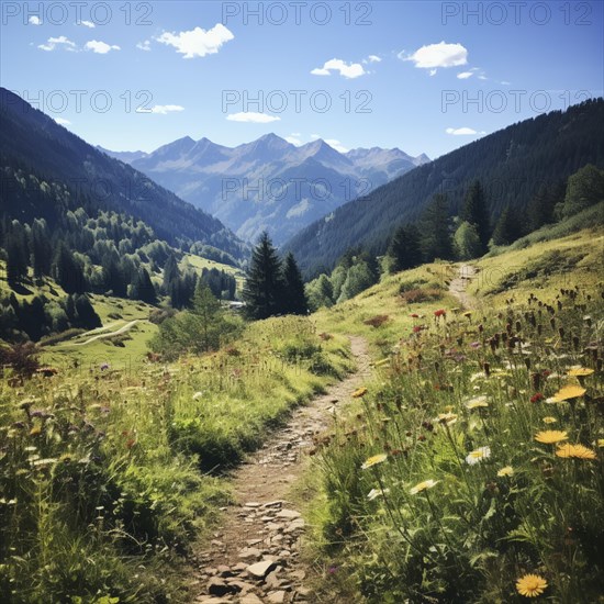 Mountain landscape with a green meadow and lots of flowers