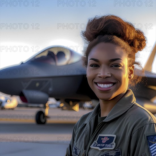 Proud young pilot stands in front of her F 35 fighter plane