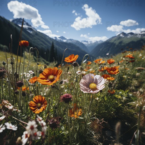 Mountain landscape with a green meadow and lots of flowers