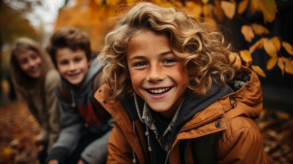 Warmly dressed children laughing enjoying the fall day