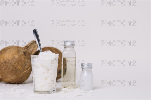 Different forms coconut oil with copy space