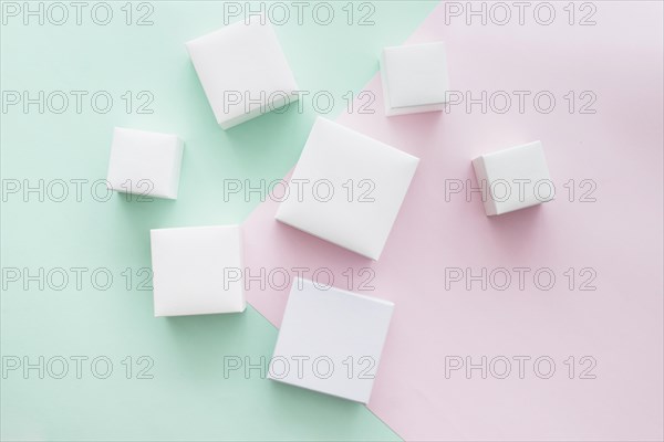 Collection different white present boxes pastel backdrop