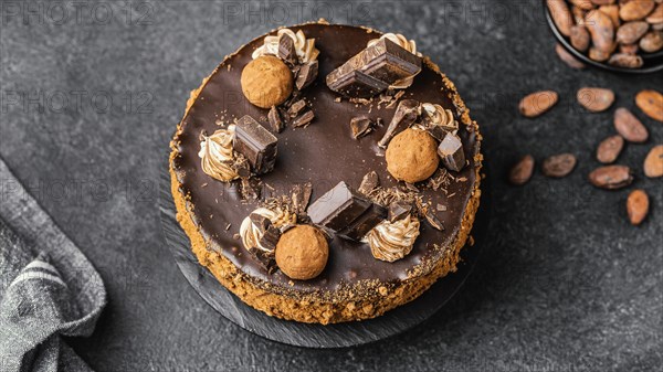 Flat lay delicious chocolate cake stand
