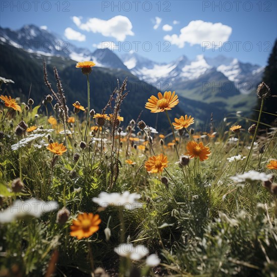 Mountain landscape with a green meadow and lots of flowers