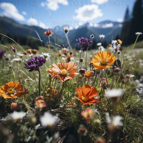 Mountain landscape with a green meadow and lots of flowers