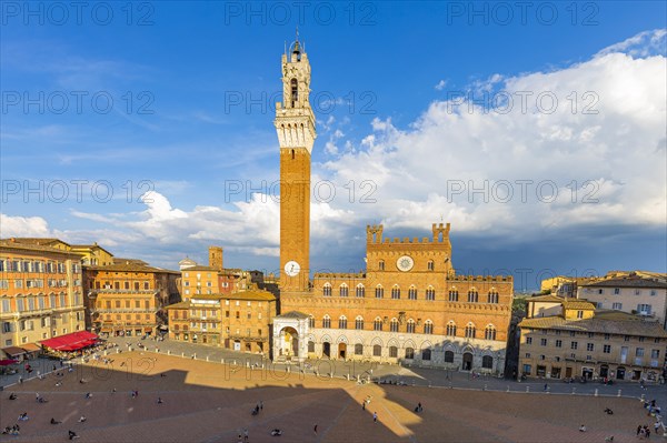 Thunderclouds over the Piazza del Campo with the bell tower Torre del Mangia and the town hall Palazzo Pubblico