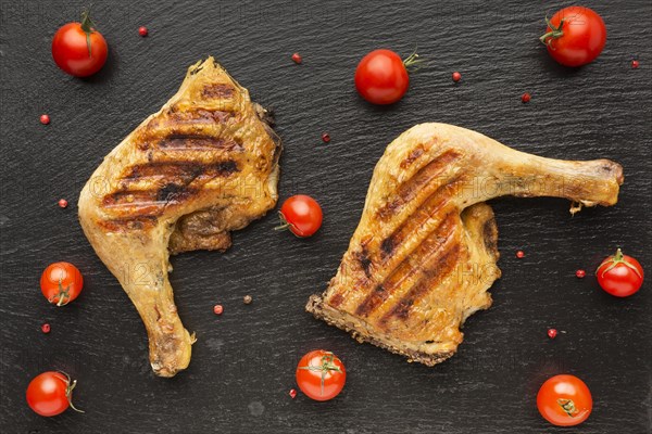 Top view baked chicken tomatoes