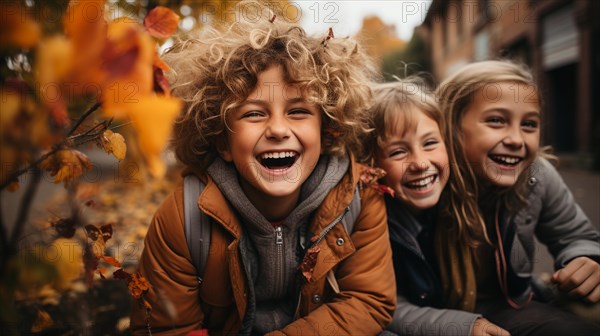Warmly dressed children laughing enjoying the fall day