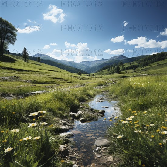 Mountain landscape with a green meadow and lots of flowers