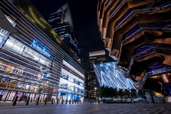 The center of the Hudson Yards with The Shed and The Vessel at night
