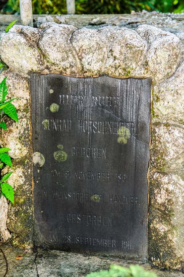 Gravestone from German colonial times Colonial rule in imperial times in Colonia Capital of Yap State on Yap Island with inscription Conrad Hofschneider born 9 November 1881 in Weinsdorf near Hanover ...