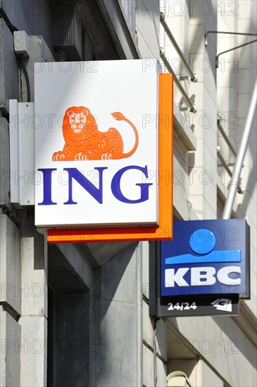 Signboards with logos of ING and KBC banks