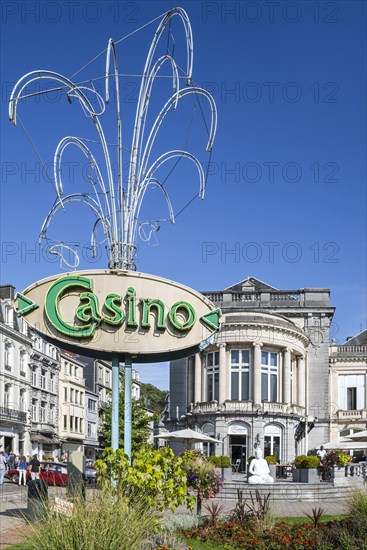 Park and sign in front of the Casino de Spa and brasserie in summer in the city Spa