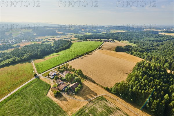 Aerial view over the fields and forests near Woerth an der Donau