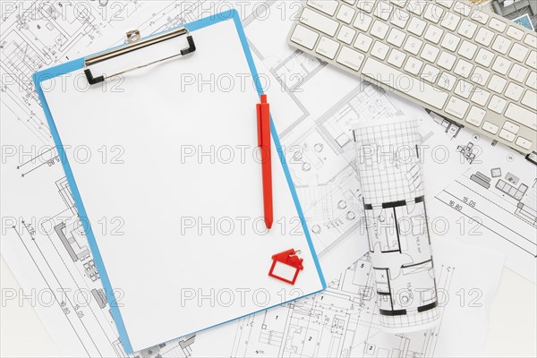 Top view blank clipboard keyboard blueprint
