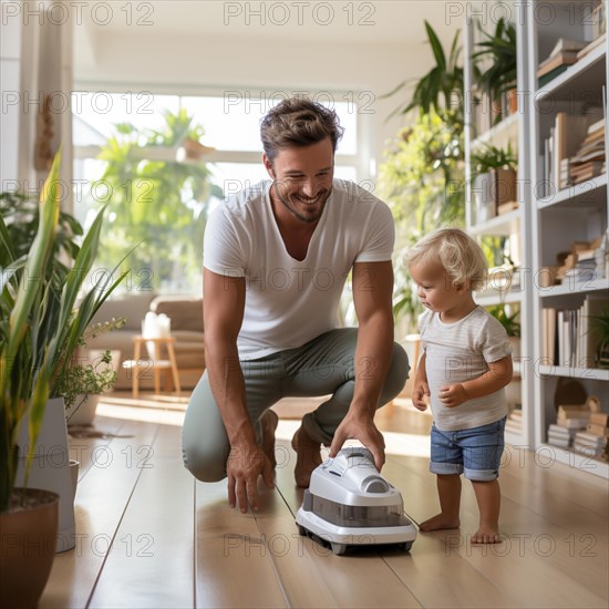 Family man vacuuming in the household
