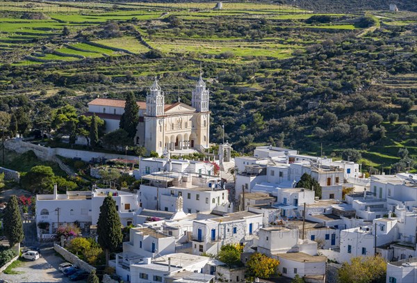 View over the village of Lefkes with white Cycladic houses