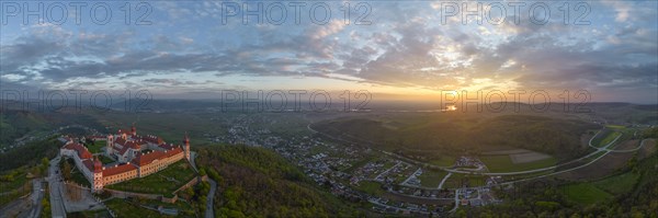 Aerial view of Goettweig Abbey and sunrise over the Danube