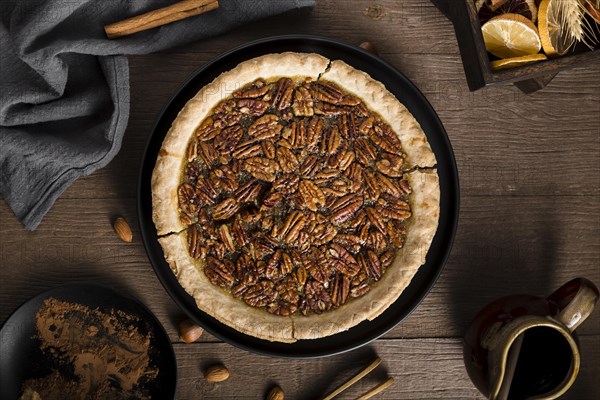 Top view tasty homemade pecan pie table