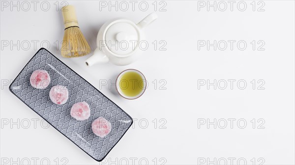Top view matcha tea mochis