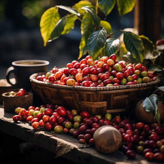 Coffee beans fresh and roasted Coffee beans on a plantation