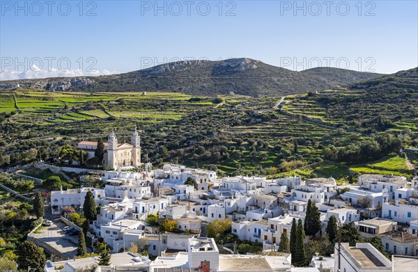 View over the village of Lefkes with white Cycladic houses