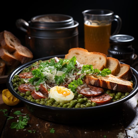 Pea soup with sausage and bread