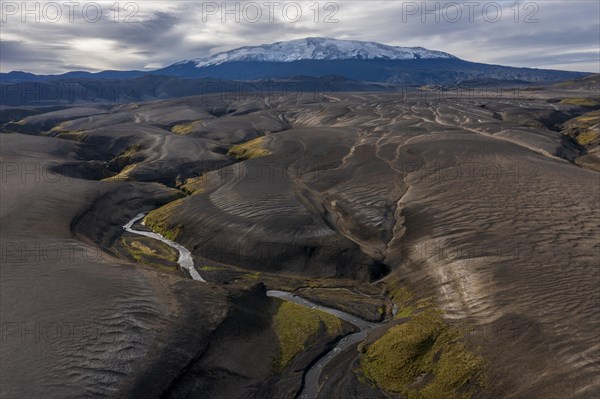 Landscape around snow-covered volcano Hekla