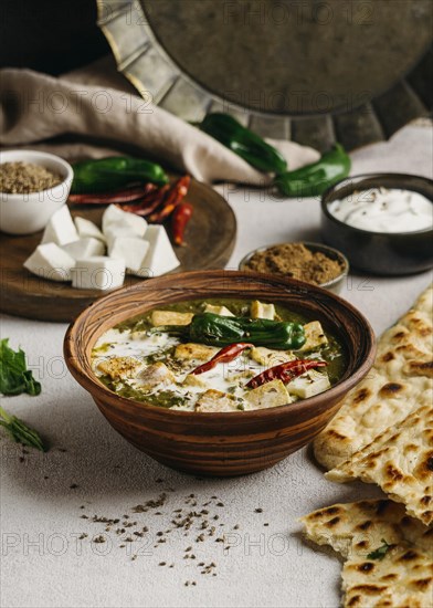 High angle bowl with pakistani food