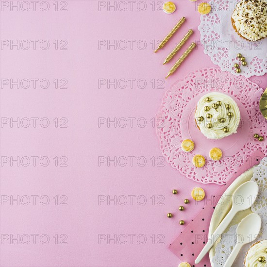 View cupcakes candies candles pink backdrop
